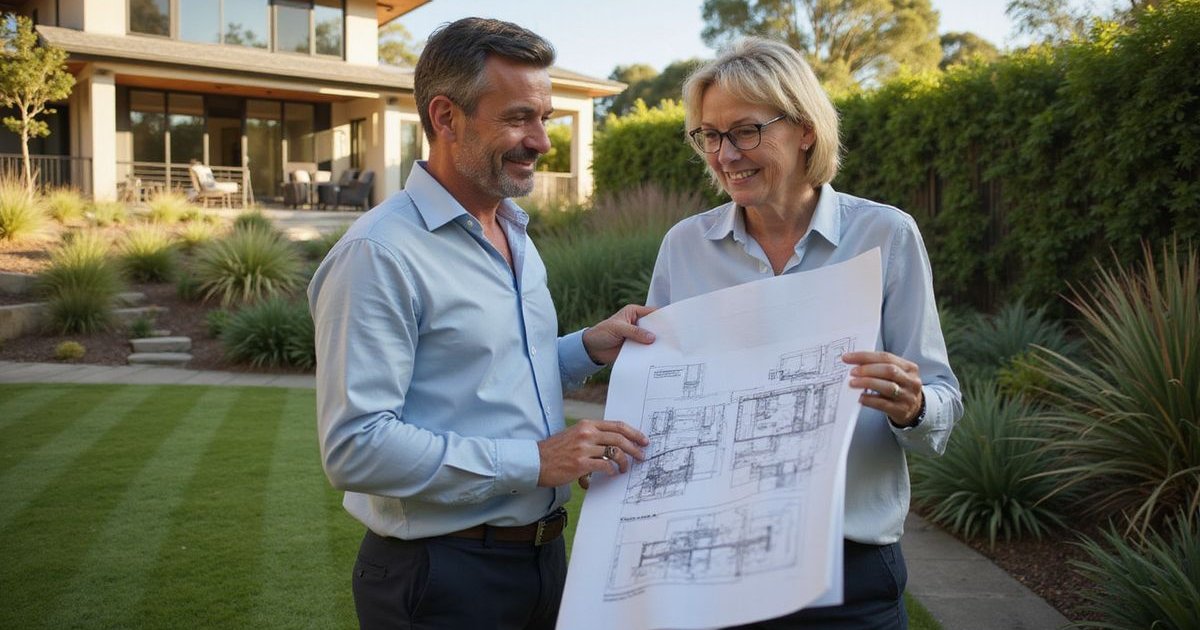 Landscape designer reviewing plans with client